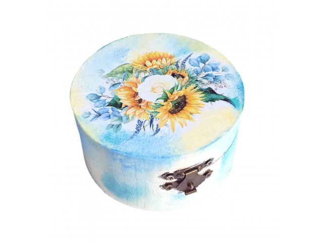Cutie rotunda lemn cu buchet de floarea soarelui 170707