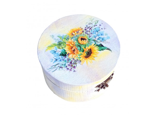 Cutie rotunda lemn cu buchet de floarea soarelui si lavanda 170836