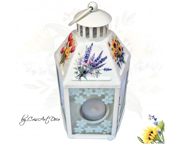 Felinar decorativ alb din metal cu model buchete de flori romantic - 120007