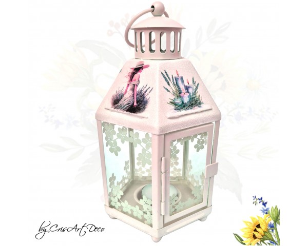 Felinar decorativ alb din metal cu model lavanda - 120806