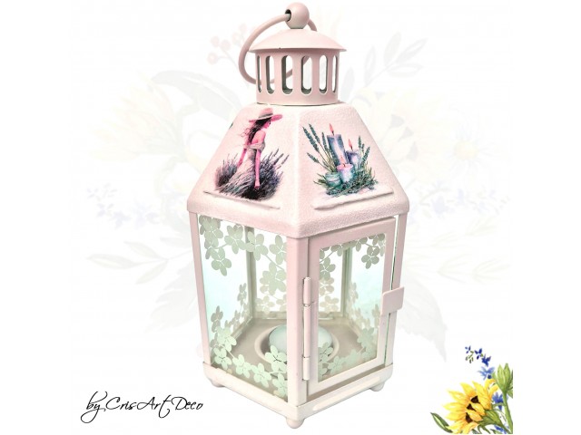 Felinar decorativ alb din metal cu model lavanda - 120806
