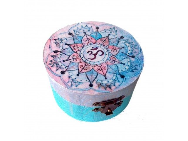 Cutie rotunda lemn cu model mandala si simbolul Aum 170606