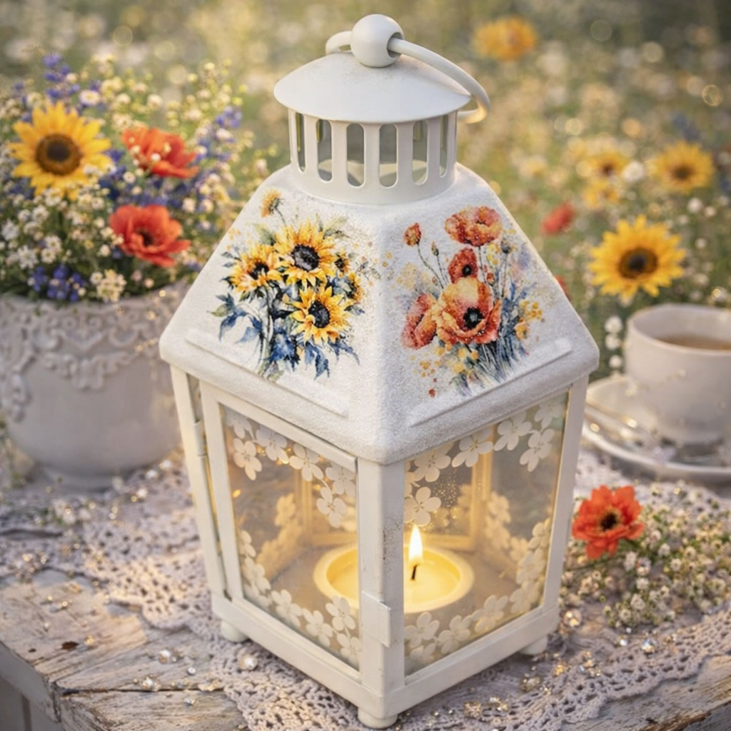 cadou handmade pentru casa - Felinar decorativ alb din metal cu model buchete de flori decorate manual